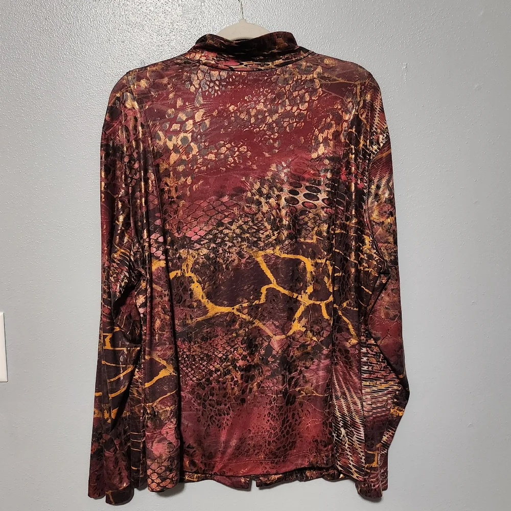 SUSAN GRAVER Zip Front Jacket Womens Plus 2X Red Brown Animal Snake Print Shiny - Picture 7 of 13